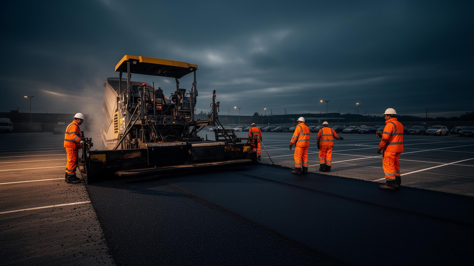 Commercial asphalt paving crew at work on a large car park